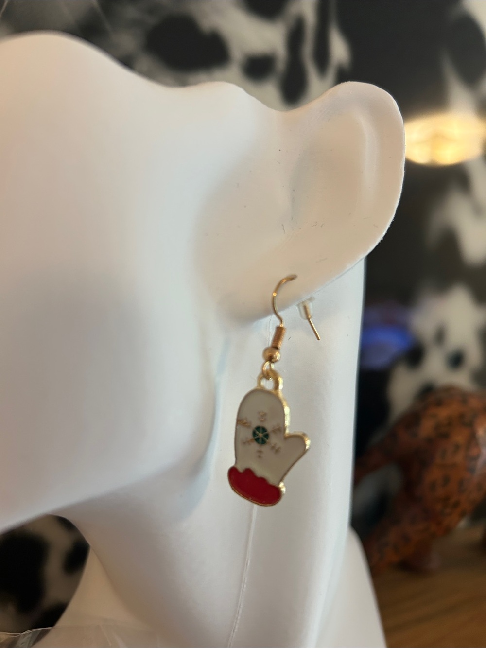 $12 or Bundle 3/$30!! Gold-Tone White Mitten Dangle Earrings with red&green - Picture 2 of 5